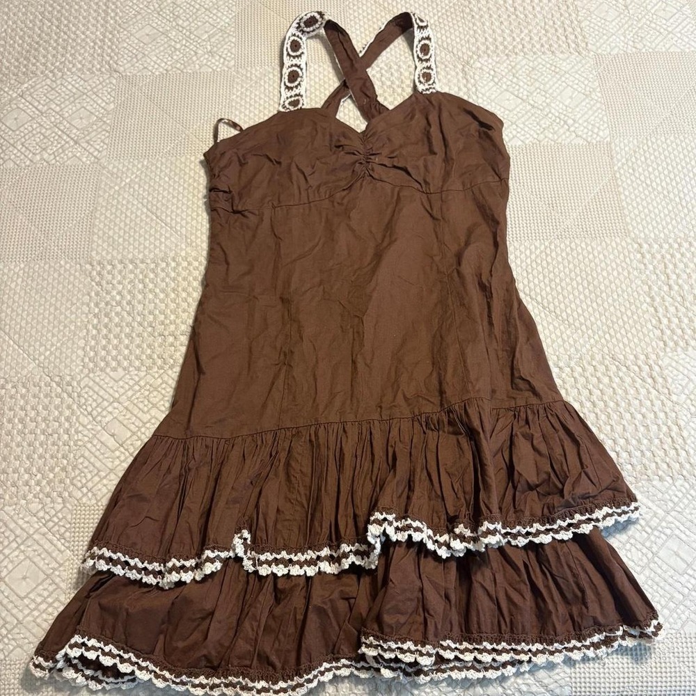 Coquette Crocheted Brown Ruffle Mini Dress